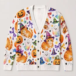 Colorful Whimsical Halloween Cats Pumpkins and Ghosts for Cozy Fall Layering Women All-over Print Knitted Cardigan