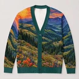 Colorful Mountain Meadow Sunset Scene for Relaxed Weekend Layering and Nature Lovers All-over Print Knitted Cardigan