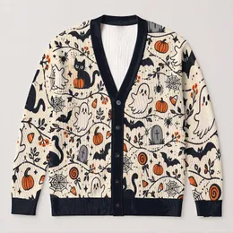 Cute Halloween Ghosts, Black Cats and Candy Corn for Cozy Autumn Layering Style for Women All-over Print Knitted Cardigan