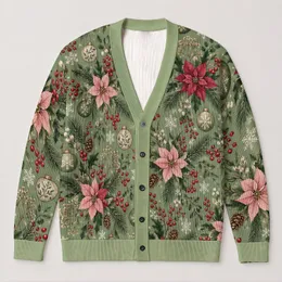 Sage Green Christmas Florals And Ornaments For Festive Outings And Holiday Gatherings All-over Print Knitted Cardigan