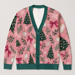 Pink Christmas Trees, Bows and Snowflakes for Holiday Gatherings and Cozy Layering All-over Print Knitted Cardigan
