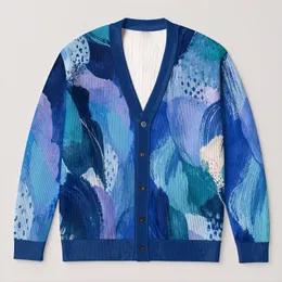 Cobalt Teal Watercolor Color-Block Waves for Relaxed Everyday Layering for Women All-over Print Knitted Cardigan