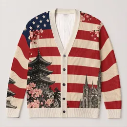 American Flag Cherry Blossoms And Global Architecture For Everyday Layering Women All-over Print Knitted Cardigan
