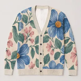 Blue Daisy Floral Motif With Orange Centers For Relaxed Weekend Layering Women’s Style All-over Print Knitted Cardigan
