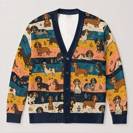 Colorful Dachshund Dogs In Cozy Stripes For Casual Weekend Layering For Everyday Women All-over Print Knitted Cardigan