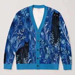 Blue Watercolor Black Cat Silhouettes For Relaxed City Layering And Daily Outings All-over Print Knitted Cardigan