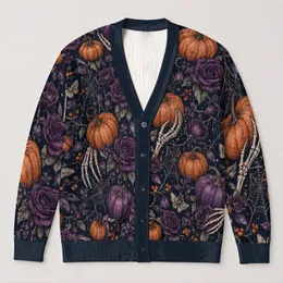 Gothic Halloween Pumpkins, Skeleton Hands and Roses for Autumn Layering Style Women All-over Print Knitted Cardigan
