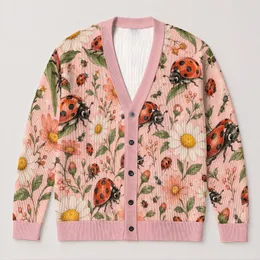 Ladybug Daisy Garden Motifs for Relaxed Everyday Layering, Women’s Whimsical Style All-over Print Knitted Cardigan