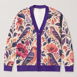 Purple Birds And Tropical Blooms For Spring Layering And Everyday Commuting For Women All-over Print Knitted Cardigan