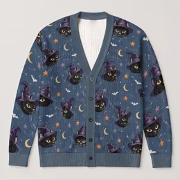 Black Cats and Purple Witch Hats for Cozy Autumn Layering and Everyday Women's Style All-over Print Knitted Cardigan