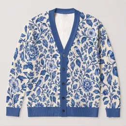 Blue Botanical Birds and Florals for Relaxed Everyday Layering, Garden-Loving Women All-over Print Knitted Cardigan