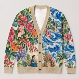 Colorful Floral Birds and Seated Couple Scene for Casual Spring Layering Women's Style All-over Print Knitted Cardigan