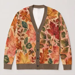 Autumn Maple Leaves and Acorns for Cozy Everyday Layering Women's Fall Wardrobe Style All-over Print Knitted Cardigan