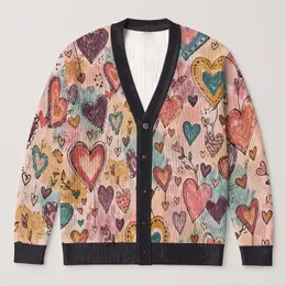 Multicolor Folk Hearts for Playful Everyday Layering, Women’s Boho Weekend Style All-over Print Knitted Cardigan