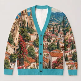 Mexican Colonial Cityscape for Resort Travel, Vacations, and Everyday Layering Style All-over Print Knitted Cardigan