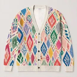 Colorful Openwork Mosaic Layers for Beach Holidays, Resort Days, and Casual Bohemian Style All-over Print Knitted Cardigan