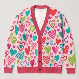 Multicolor Heart Motifs for Casual Vacation Layering, Women's Plus Size Cozy Style All-over Print Knitted Cardigan