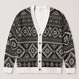Monochrome Geometric Diamond Motifs for Casual Layering, Men's Vintage Everyday Style All-over Print Knitted Cardigan