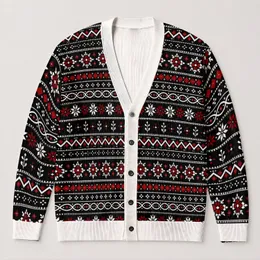 Black Red Nordic Geometric Motifs for Holiday Layering and Casual Men's Everyday Style All-over Print Knitted Cardigan