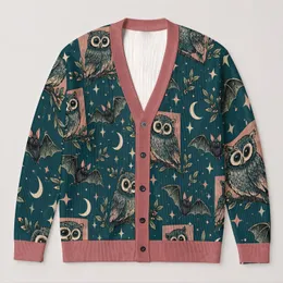 Goggle-Eyed Owls, Bats And Stars For Casual Layering And Cozy Dark Academia Style All-over Print Knitted Cardigan