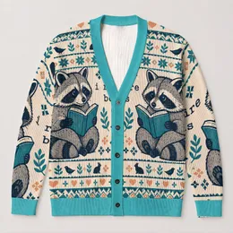 Raccoon Book Lover Geometric Nordic Style for Cozy Library Days and Casual Layering All-over Print Knitted Cardigan