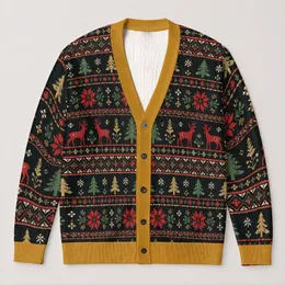 Christmas Reindeer and Evergreen Fair Isle Holiday Style for Men's Festive Layering All-over Print Knitted Cardigan