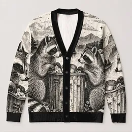 Moonlit Raccoon Duo Beneath Celestial Clouds for Relaxed Everyday Layering Style Wear All-over Print Knitted Cardigan