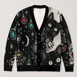 Black Cat Christmas Ornaments for Festive Winter Layering and Casual Everyday Style All-over Print Knitted Cardigan