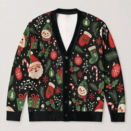 Cute Christmas Santa Faces And Holly For Cozy Holiday Gatherings, Women’s Festive Style All-over Print Knitted Cardigan
