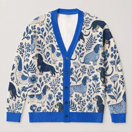 Blue Dachshund Florals for Casual City Days, Everyday Layering, and Weekend Wear All-over Print Knitted Cardigan