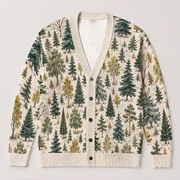 Watercolor Forest Trees For Cozy Woodland Layering, Nature Lovers And Rustic Cabin Days All-over Print Knitted Cardigan