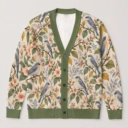 Blue Birds And Peach Blossoms For Spring Layering And Garden Days, Women’s Casual Style All-over Print Knitted Cardigan