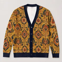Golden Art Deco Floral Motifs for Autumn Layering, Vintage Boho Style for Women, Everyday All-over Print Knitted Cardigan