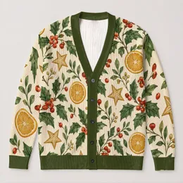 Winter Foliage, Stars And Citrus Motifs For Cozy Seasonal Layering, Women’s Style All-over Print Knitted Cardigan