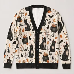 Black Cat Halloween Cauldrons For Festive Autumn Gatherings, Cozy Layers, And Parties All-over Print Knitted Cardigan