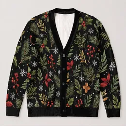 Winter Botanical Holly Sprig Motifs for Cozy Autumn Holiday Layering, Women’s Gift All-over Print Knitted Cardigan