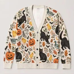 Black Cat Pumpkin Halloween Fall Layers for Spooky Casual Women and Autumn Gatherings All-over Print Knitted Cardigan