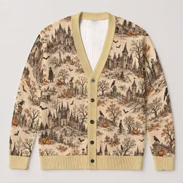 Vintage Halloween Haunted Castle Scenes for Autumn Layering and Everyday Outings for Women All-over Print Knitted Cardigan