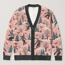 Pink Skeleton Skaters And Pumpkins For Halloween Gatherings, Women’s Festive Style All-over Print Knitted Cardigan