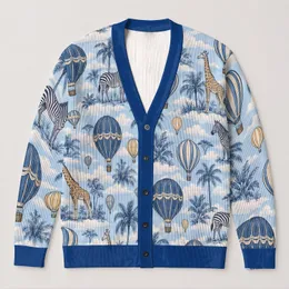 Hot Air Balloons, Zebras And Giraffes For Whimsical Spring Everyday Layering Women All-over Print Knitted Cardigan