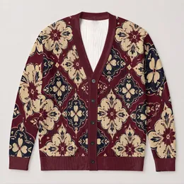 Burgundy Cream Medallion Florals for Cozy Fall Layering, Women's Plus Size Style All-over Print Knitted Cardigan