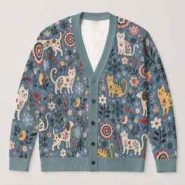 Cute Cat And Dog Motifs For Cozy Everyday Layering, Women's Casual Animal Lover Style All-over Print Knitted Cardigan