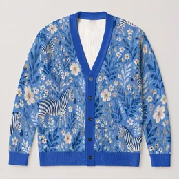 Blue Zebra and Floral Motifs for Casual Weekend Style, Women’s Everyday Layering All-over Print Knitted Cardigan
