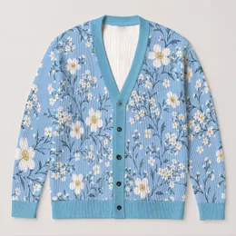 White Wildflower Blossoms on Soft Blue for Everyday Layering, Casual Feminine Style All-over Print Knitted Cardigan