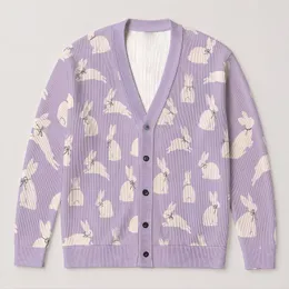 White Rabbit Easter Motifs for Spring Layering, Women’s Pastel Holiday Style All-over Print Knitted Cardigan