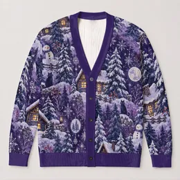 Snowy Purple Village Cats And Pines For Cozy Holiday Layering And Winter Outings All-over Print Knitted Cardigan