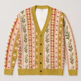 Vintage Floral Stripe Motif For Relaxed Everyday Layering And Bohemian Office Style All-over Print Knitted Cardigan