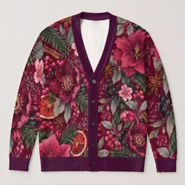 Magenta Botanical Berry Floral Holiday Motifs for Cozy Autumn Winter Everyday Layering All-over Print Knitted Cardigan