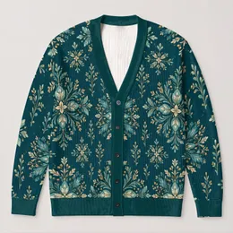 Teal Botanical Snowflake Medallions for Cozy Autumn Layering and Winter Getaways All-over Print Knitted Cardigan