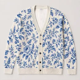 Blue Botanical Florals for Elegant Autumn Layering and Everyday Women's Classic Style All-over Print Knitted Cardigan
